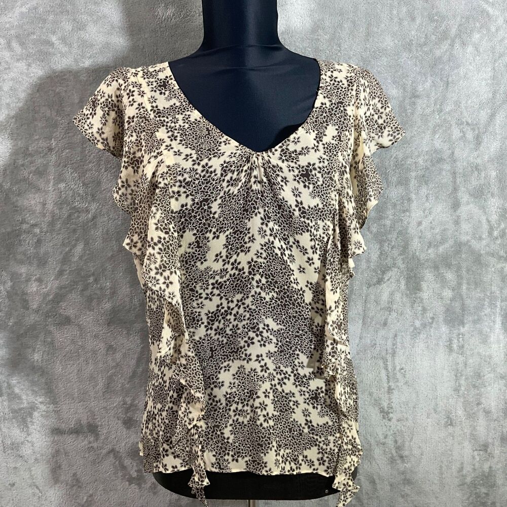 Kenneth Cole 100% Silk V-Neck Ruffle blouse Top women’s size 10 Fairy Y2K Floral